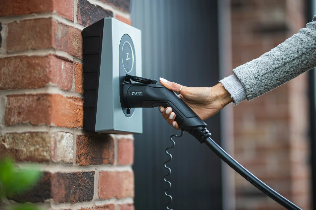 Zaptec EV charger on home wall.