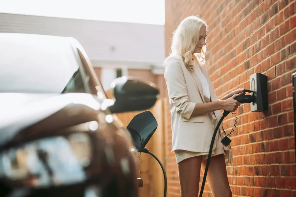 A blonde lady using an EV home charger on her black car.
